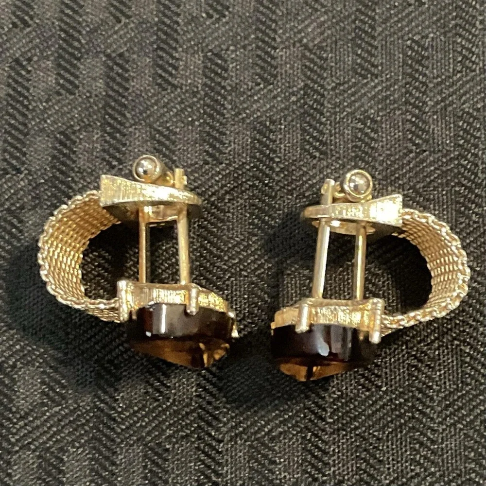 Vintage Gold Tone Mesh Cufflinks Mens Brown Stone Bullet Back Wedding Dress